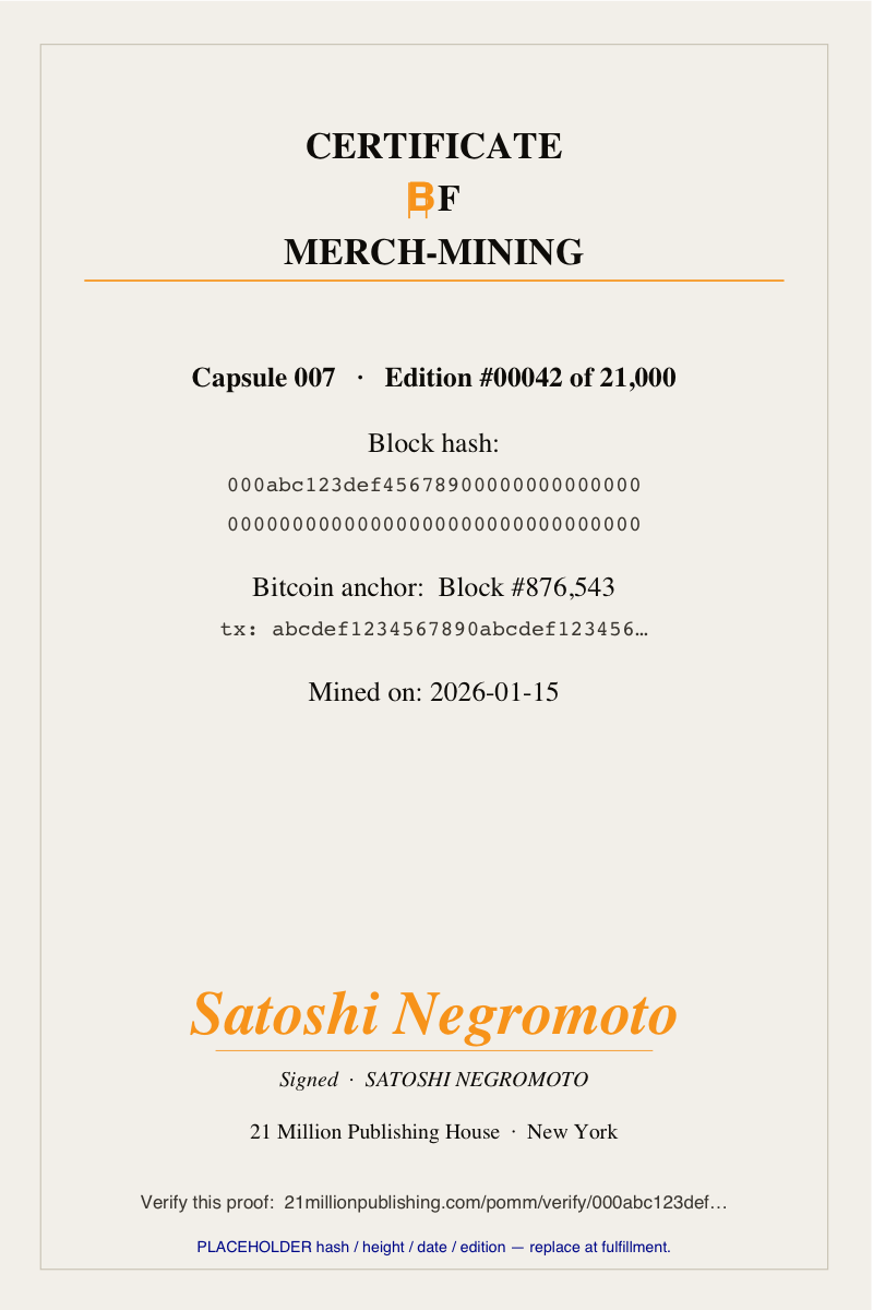 Cream Certificate of Merch-Mining with block hash, Bitcoin anchor, and Satoshi Negromoto signature