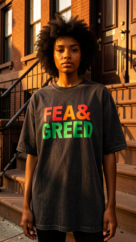 Fear & Greed Tee — back, lifestyle shot